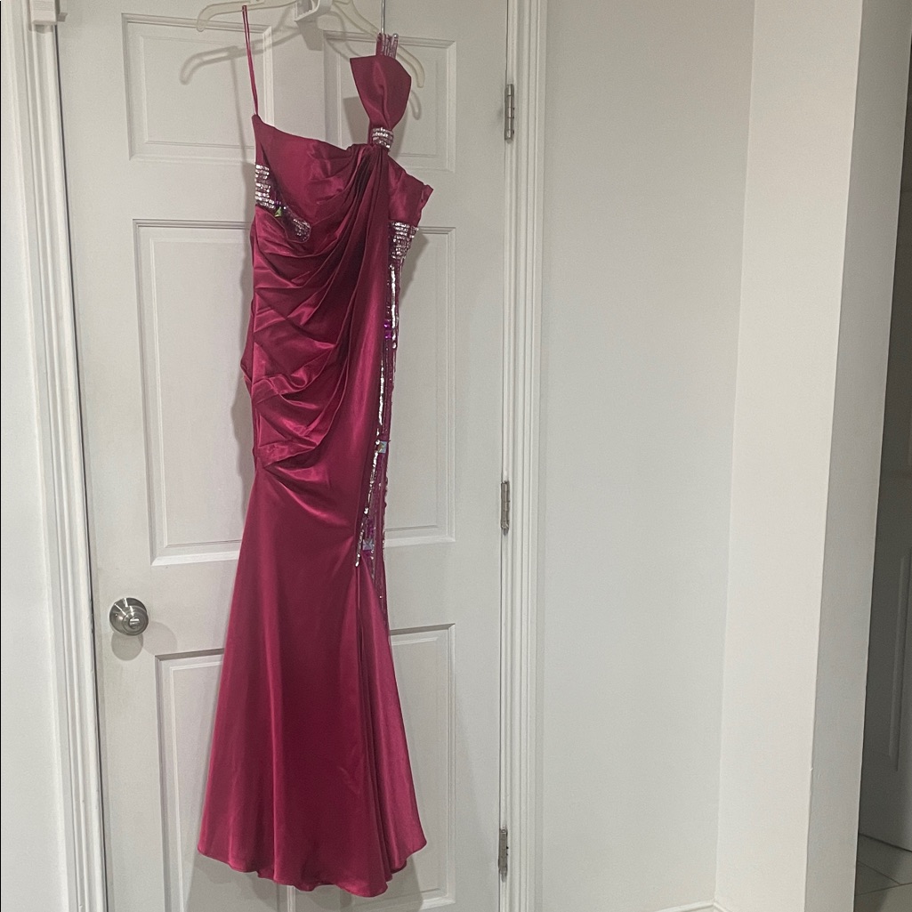 Fuchsia One-Shoulder Ruched Prom Gown With Sequin Trim